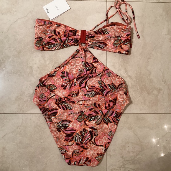 A.L.C. Brooke One-Piece Cut-Out Monokini Swimsuit Orange Rose Multicolor U-Ring - Picture 9 of 12